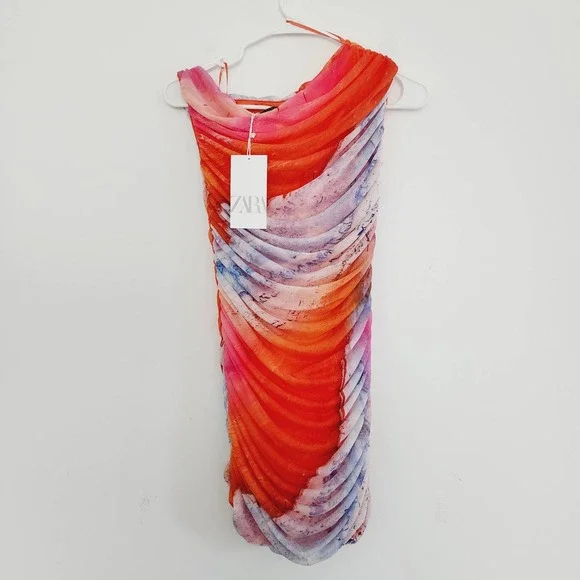 Zara Watercolor Print Tulle Sleeveless Mini Dress Medium Pink Orange Blue - Picture 5 of 10